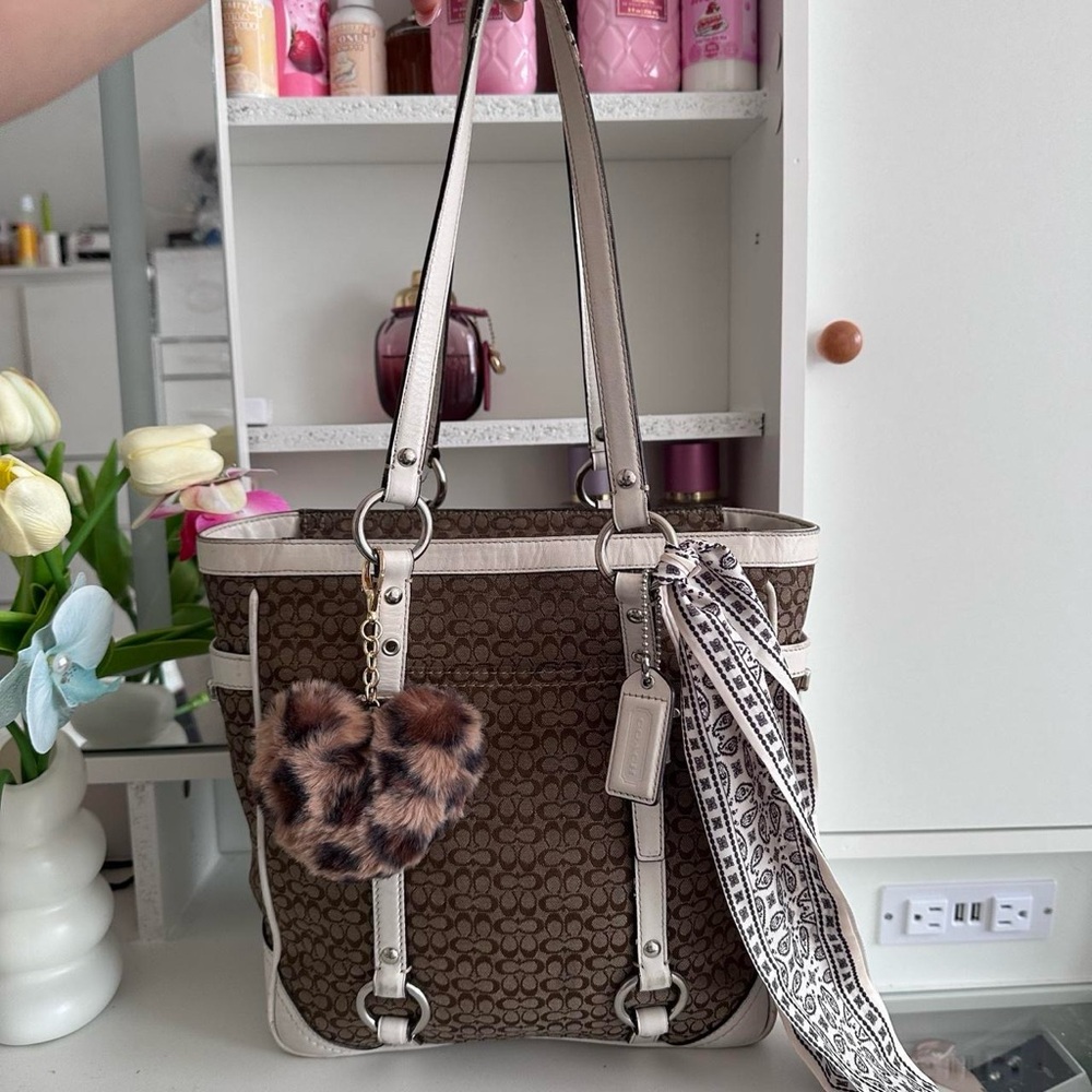 Coach Signature brown canvas and white leather tote bag